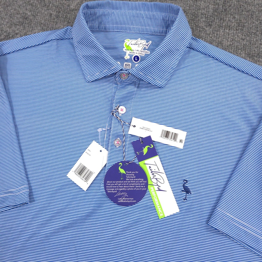 TailorByrd Polo Shirt Mens L Admiral Blue Striped Performance Golf SPF 30 NEW